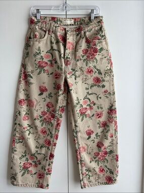 We The Free Floral Boyfriend Jeans in Beige with Pink & Green Print
